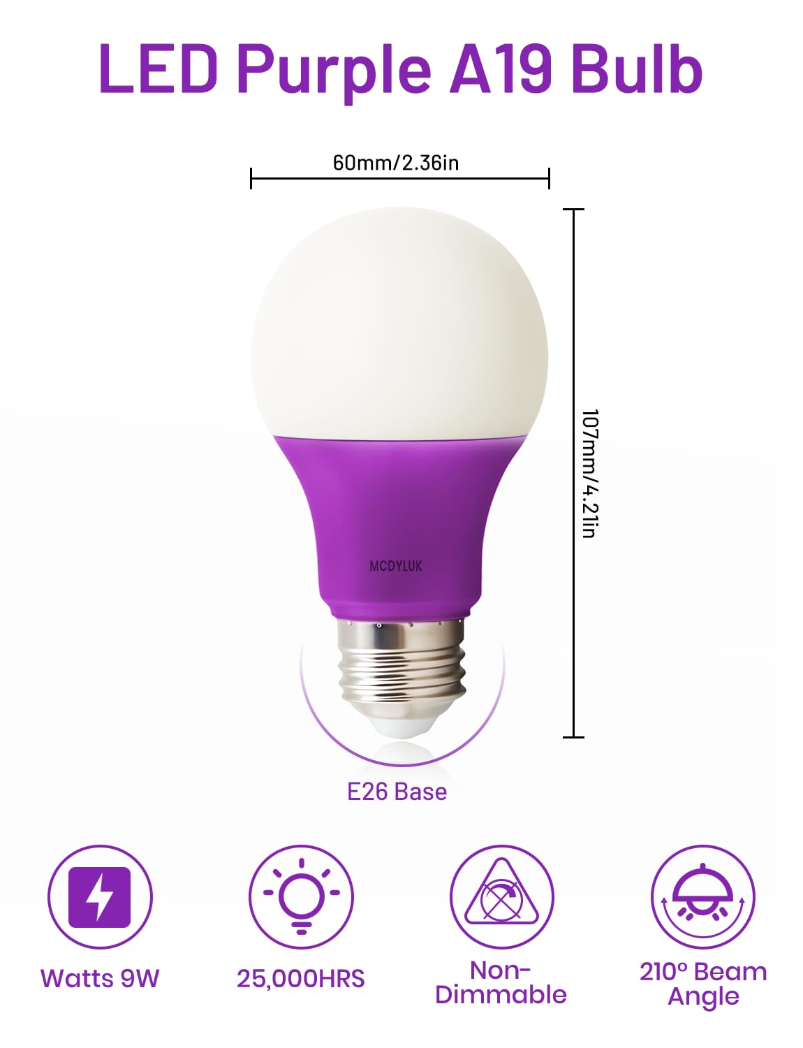 MCDYLUK LED A19 Purple Light Bulbs, 9W (60W Equivalent), E26 Base LED Purple Bulb, Non-Dimmable, Halloween Decoration, Party Decoration, Porch, Front Door, Home Lighting, Holiday Lighting, Pack of 3