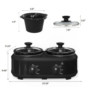 Double Slow Cooker Buffet Server and Warmers, Small Slow Cooker with 3 Individual Adjustable Temp, Dishwasher Safe Dual Ceramic Pots, Total 2.5 Quarts, Black