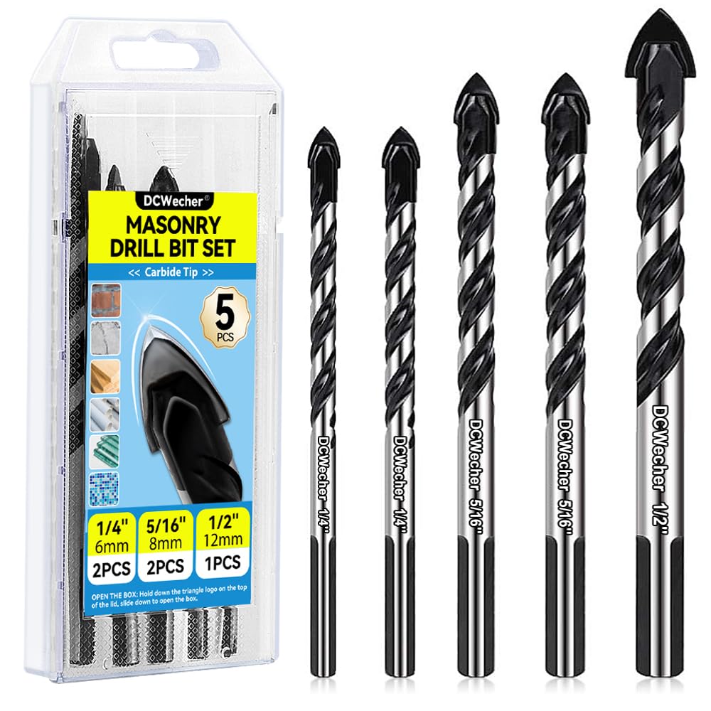 Professional Concrete Drill Bit 5-Pack Masonry Drill Bit Set, Industrial-Strength Cement Drill Bits, 1/4'' 5/16'' 1/2'' Masonry Drill Bits for Brick/Tile/Glass/Cement/Etc, Carbide Drill Bits Tip