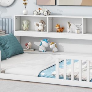 Full Size Bed Frame with Side Bookcase, Floor Bed Frame Full Size with Storage Shelves, Full Size Platform Bed Frame with Safety Guardrails, Montessori Bed Frame without Slats for Girls, Boys, White