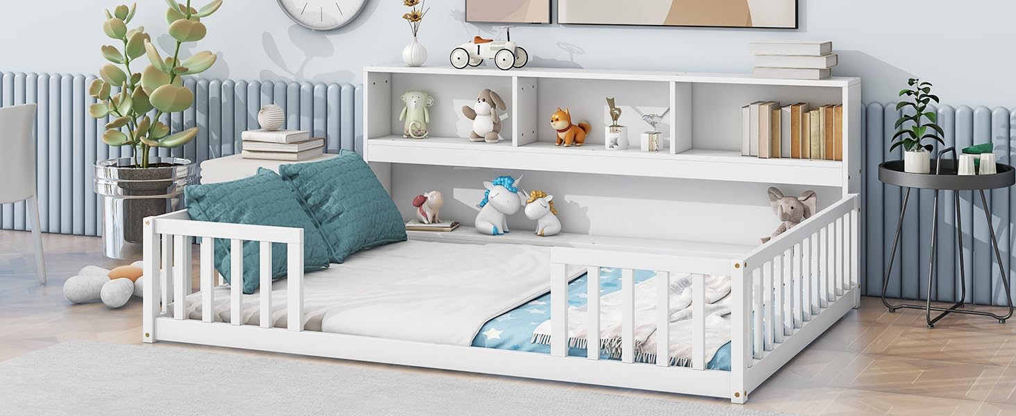 Full Size Bed Frame with Side Bookcase, Floor Bed Frame Full Size with Storage Shelves, Full Size Platform Bed Frame with Safety Guardrails, Montessori Bed Frame without Slats for Girls, Boys, White