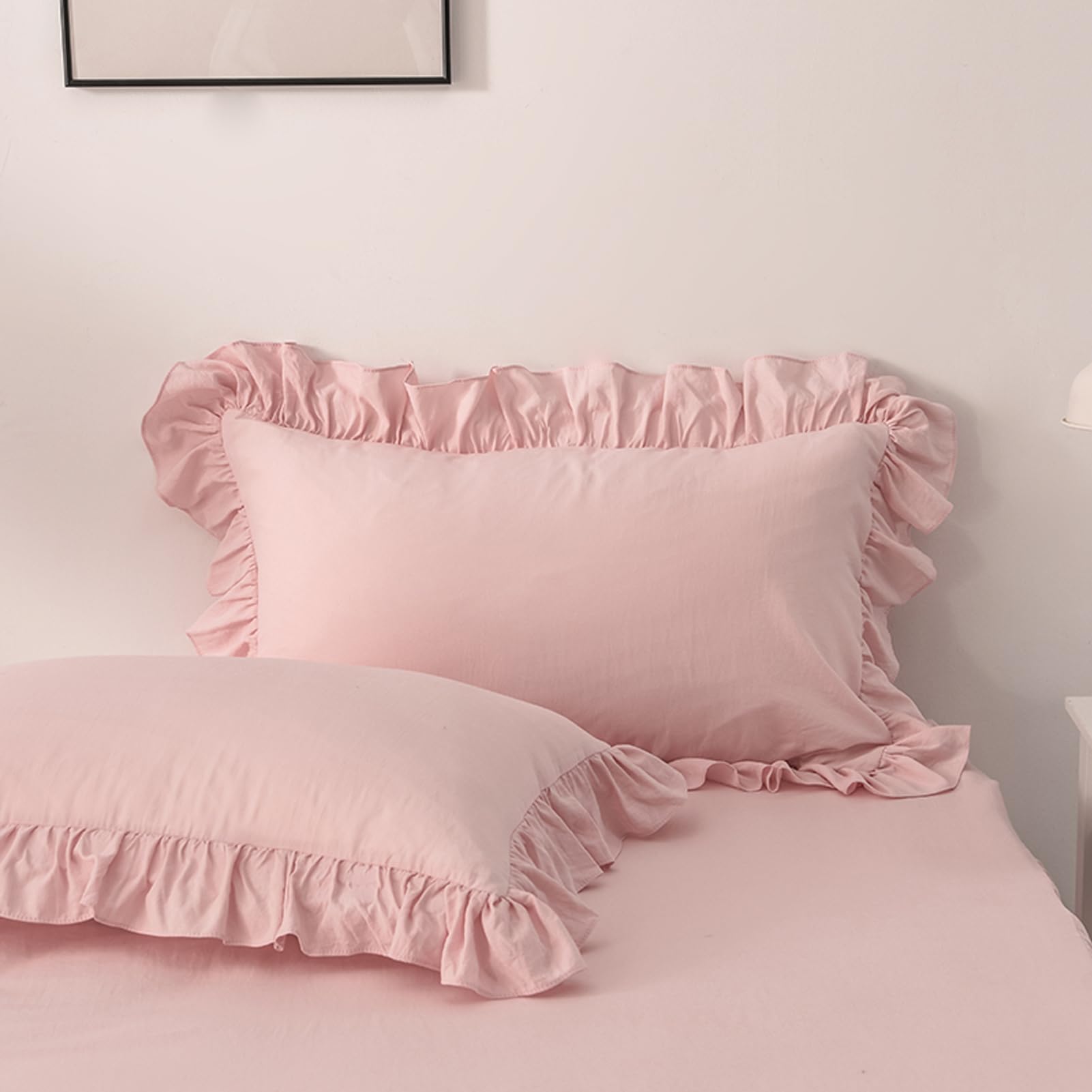 Rvciby Ruffle Duvet Cover Queen Size,Soft and Breathable Washed Microfiber Princess Bedding Set,3 Pieces,1 Duvet Cover with Zipper Closure & Corner Ties and 2 Pillow Shams,90 X 90 Inches (Queen,Pink)