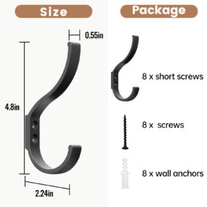 4 Pack Wall Mounted Coat Hooks, Large Wall Hooks For Hanging Heavy Duty, Black Coat Hooks with Screws For Wall, Wall Mounted Hooks for Hanging Coats, Clothes, Towels, Keys, Dog Leashes, and Purse