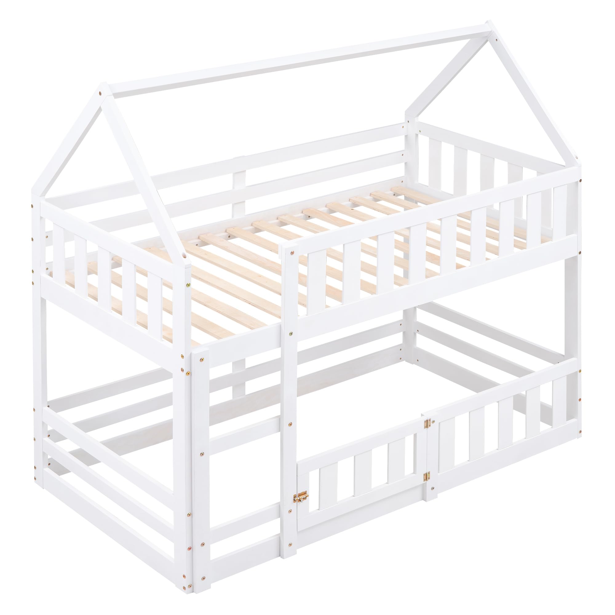 DRELOFT Twin Over Twin Floor Bunk Bed with Roof, Twin Low House Bunk Bed Frame with Ladder, Fence and Door for Kids Teens Boys Girls, Easy Assembly, White