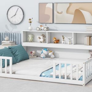 Full Size Bed Frame with Side Bookcase, Floor Bed Frame Full Size with Storage Shelves, Full Size Platform Bed Frame with Safety Guardrails, Montessori Bed Frame without Slats for Girls, Boys, White