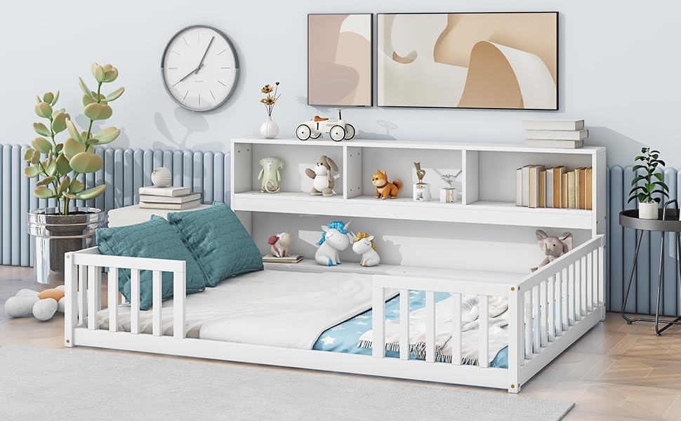 Full Size Bed Frame with Side Bookcase, Floor Bed Frame Full Size with Storage Shelves, Full Size Platform Bed Frame with Safety Guardrails, Montessori Bed Frame without Slats for Girls, Boys, White