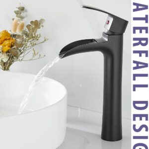 Arkosdex Modern Bathroom Vessel Sink Faucet, Tall Waterfall Bathroom Faucets, Single Handle Lavatory Vanity Faucet for Bowl Sink, 1 Hole Bath Tap with Pop Up Drain & Water Lines, Brass, Matte Black