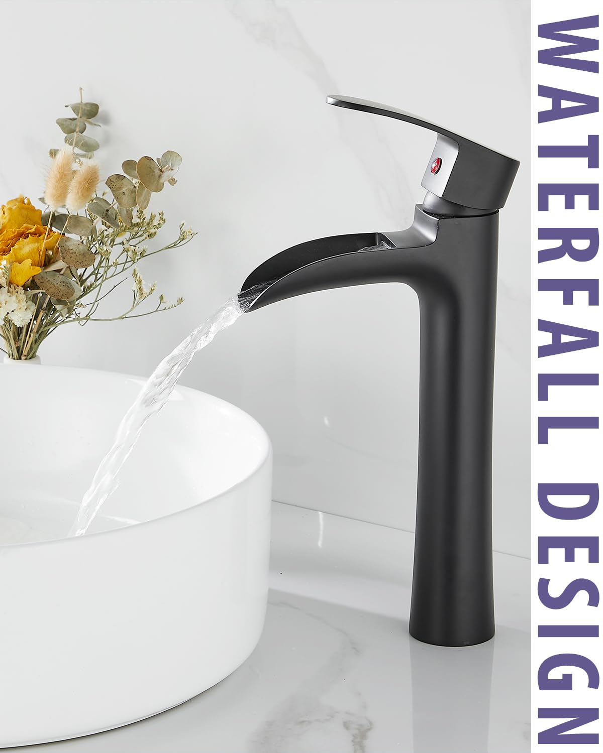 Arkosdex Modern Bathroom Vessel Sink Faucet, Tall Waterfall Bathroom Faucets, Single Handle Lavatory Vanity Faucet for Bowl Sink, 1 Hole Bath Tap with Pop Up Drain & Water Lines, Brass, Matte Black