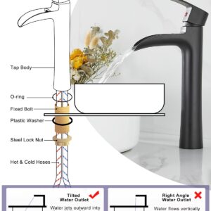 Arkosdex Modern Bathroom Vessel Sink Faucet, Tall Waterfall Bathroom Faucets, Single Handle Lavatory Vanity Faucet for Bowl Sink, 1 Hole Bath Tap with Pop Up Drain & Water Lines, Brass, Matte Black