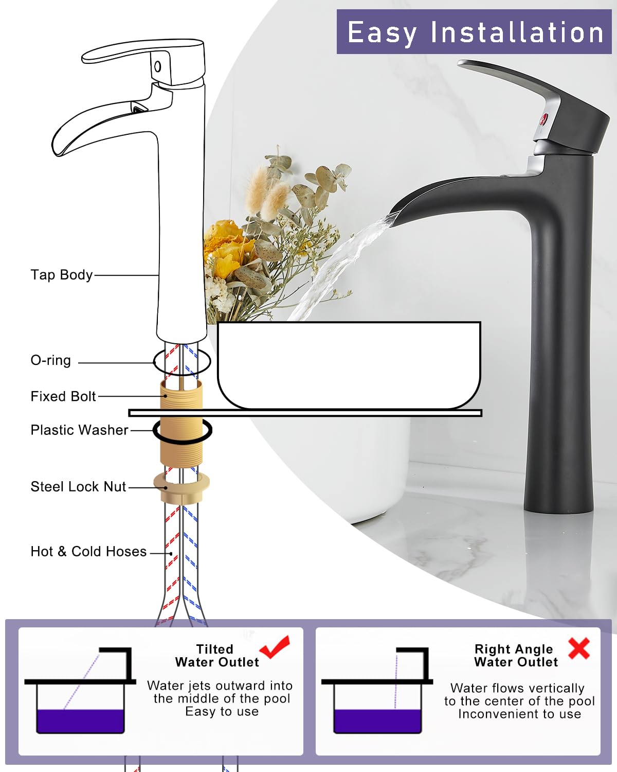 Arkosdex Modern Bathroom Vessel Sink Faucet, Tall Waterfall Bathroom Faucets, Single Handle Lavatory Vanity Faucet for Bowl Sink, 1 Hole Bath Tap with Pop Up Drain & Water Lines, Brass, Matte Black