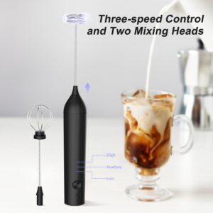 Powerful Electric Milk Frother Set, Rechargeable Drink Blender with Wand and Egg Whisk Attachments, 3 Speed Adjustable Foam Maker Mixer, Milk Frother Handled for Coffee, Matcha, Protein Powder - Black