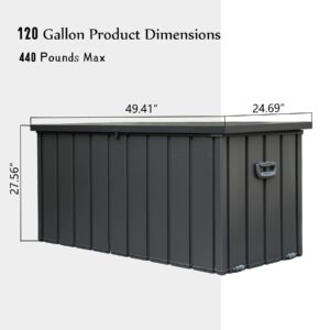 Domi 120 Gallon Deck Box, Lockable Outdoor Waterproof Storage Box Large Outside Storage Container Bin with Galvanized Steel for Bedroom Pillow, Garden Tool, Dark Gray