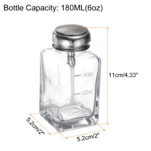 HARFINGTON 6Oz / 180ML Glass Pump Dispenser Bottle Square Clear Liquid Pumping Press Push Down Alcohol Container with Metal Flip Cover for Makeup Remover