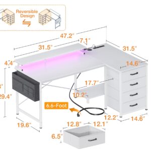 ODK 48-Inch L Shaped Gaming Desk with LED Lights & USB Power Outlets, Reversible Computer Desk with 4 Drawers, Corner Gamer Desk with CPU Shelf & Monitor Stand, Gaming Table for Bedroom, White