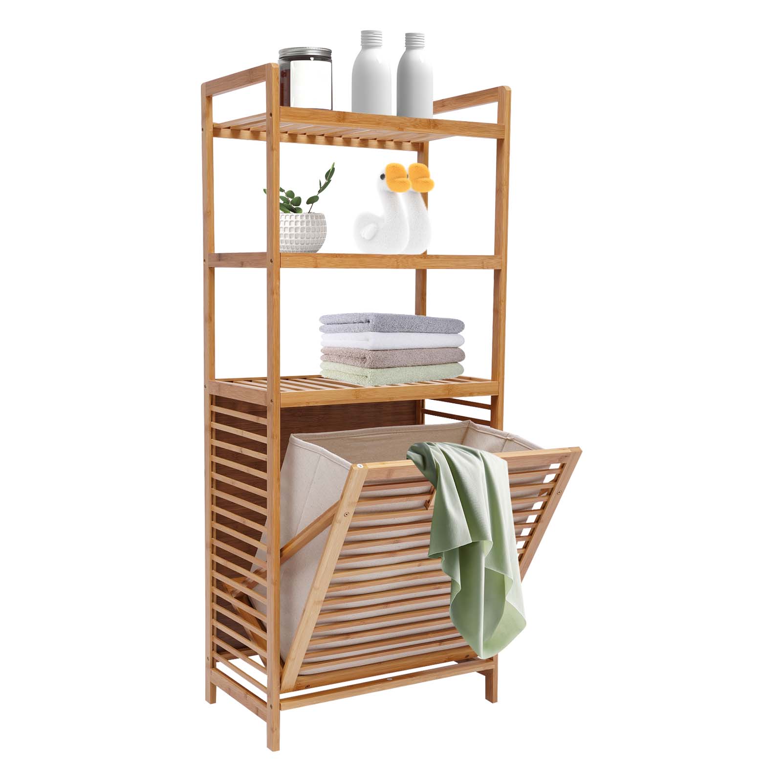 4-Tier Laundry Hamper with Shelf, Tilt Out Laundry Hamper and 3-Tier Storage Shelves 46.9" Bamboo Pull-Out Laundry Hamper with 3 Tier Shelves & Tilt Out Basket for Laundry Room, Bathroom, Bedroom