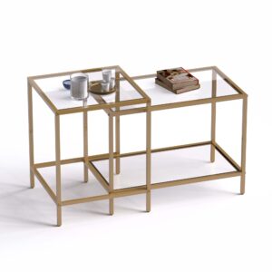 Coffee Table Set of 2,Gold Glass Nesting Coffee Side End Table,Square Modern Center Table for Living Room,Bedroom and Small Spaces,Tempered Glass-top with Sturdy Metal Frame, Easy Assembly