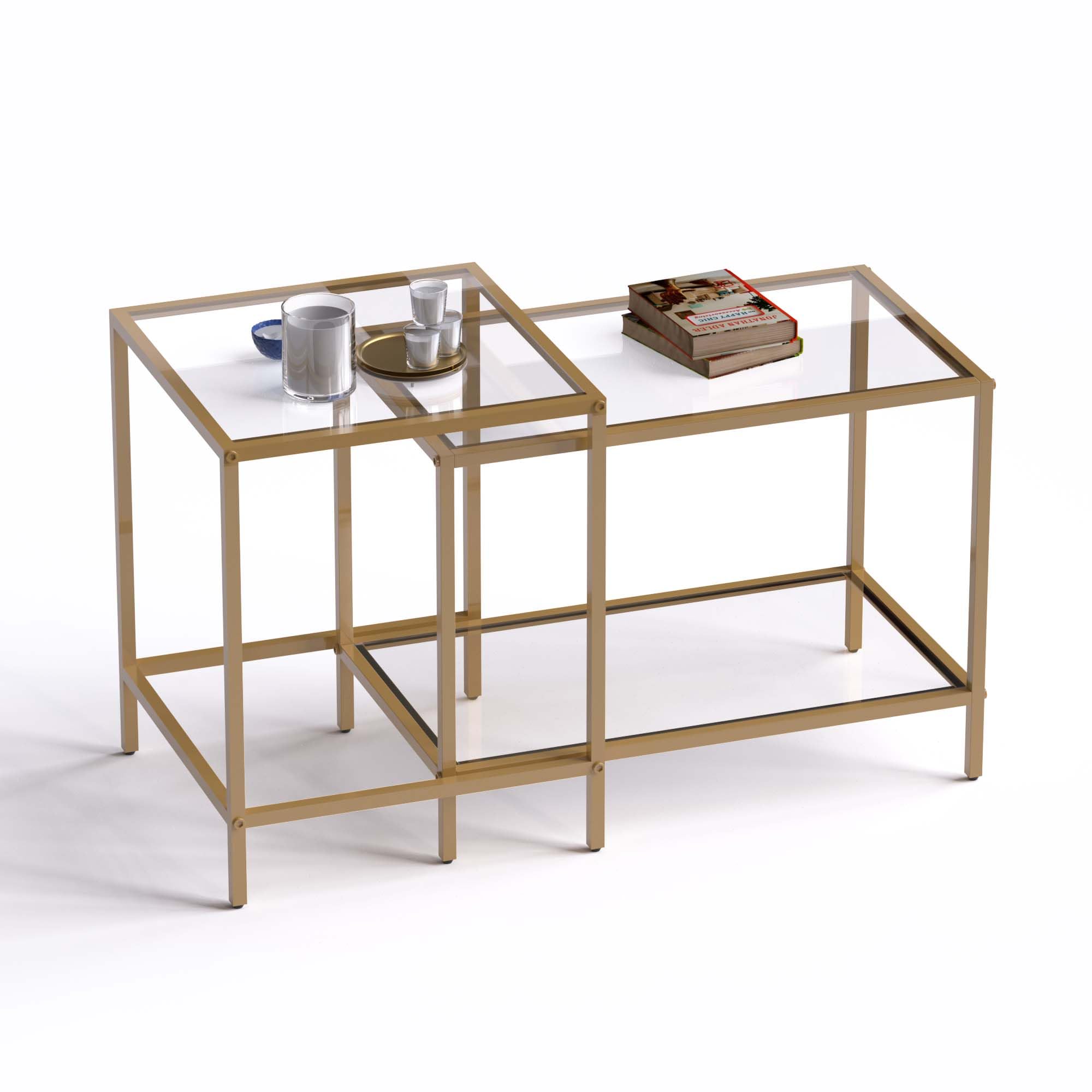 Coffee Table Set of 2,Gold Glass Nesting Coffee Side End Table,Square Modern Center Table for Living Room,Bedroom and Small Spaces,Tempered Glass-top with Sturdy Metal Frame, Easy Assembly