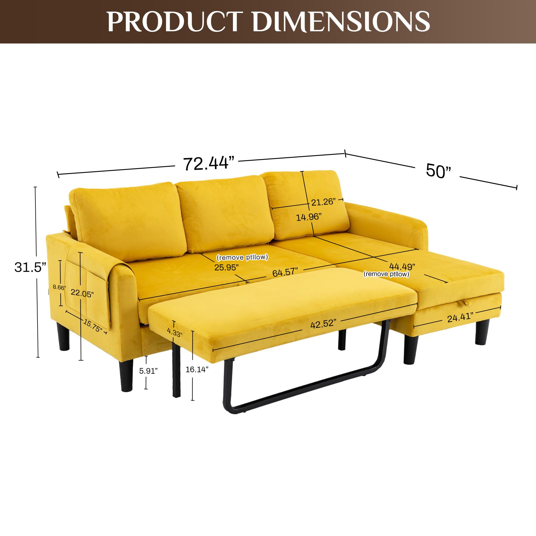 OUYESSIR L Shaped Sleeper Convertible Sofa with Pull Out Bed, Velvet Modern 3 Seater Sofa Couch with Storage Chaise Lounge, Upholstered Furniture for Living Room Bedroom Apartment, Yellow