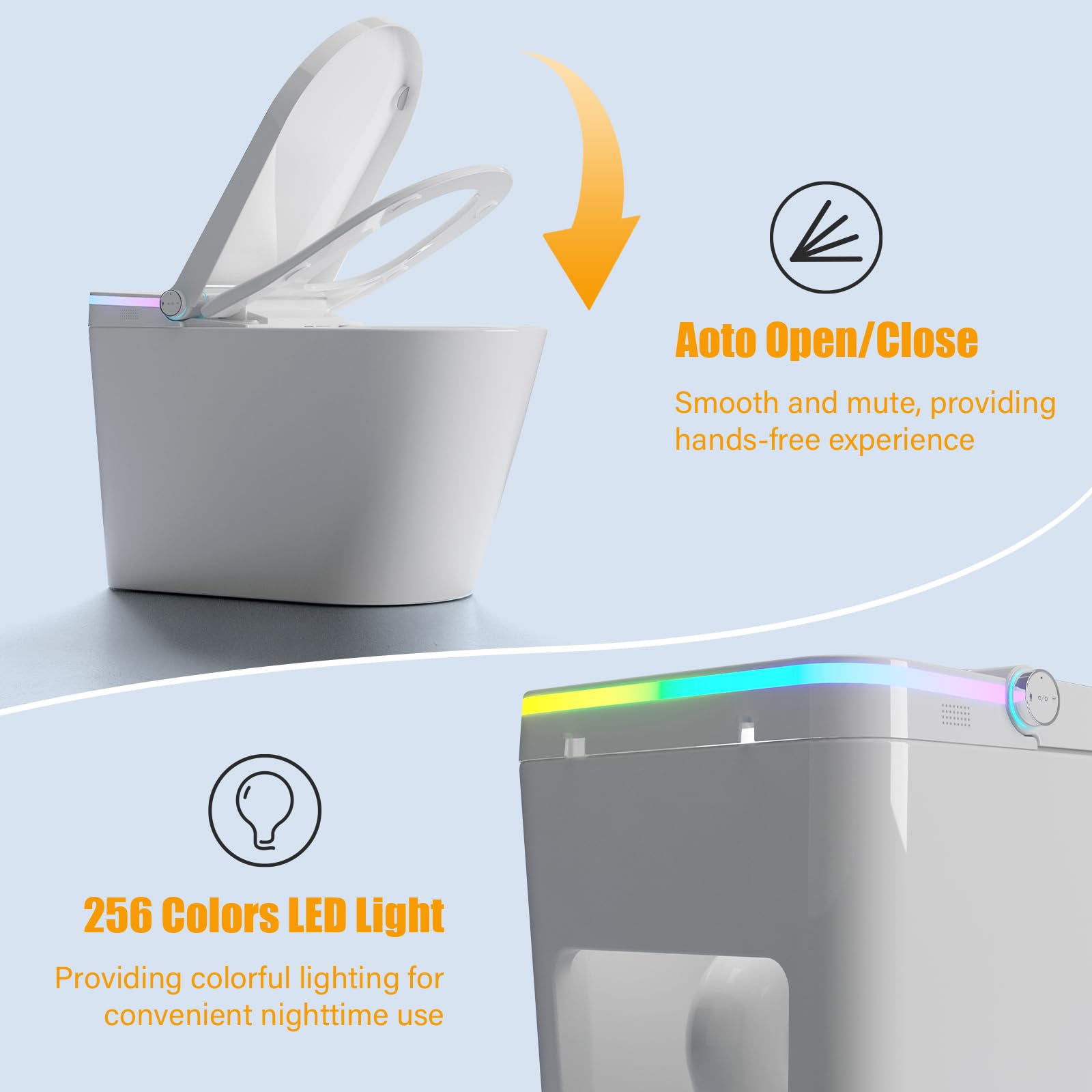 Liyarya Smart Bidet Toilet, Tankless Toilet with Built-in Bidet Seat, Modern Toilet with Foot Sensor Operation, Heated Seat, Auto Open/Close, Auto Flush, Colorful Night Light