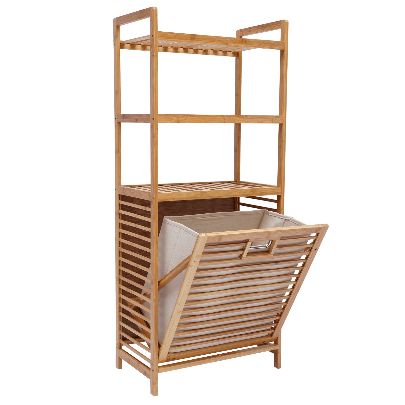 4-Tier Laundry Hamper with Shelf, Tilt Out Laundry Hamper and 3-Tier Storage Shelves 46.9" Bamboo Pull-Out Laundry Hamper with 3 Tier Shelves & Tilt Out Basket for Laundry Room, Bathroom, Bedroom