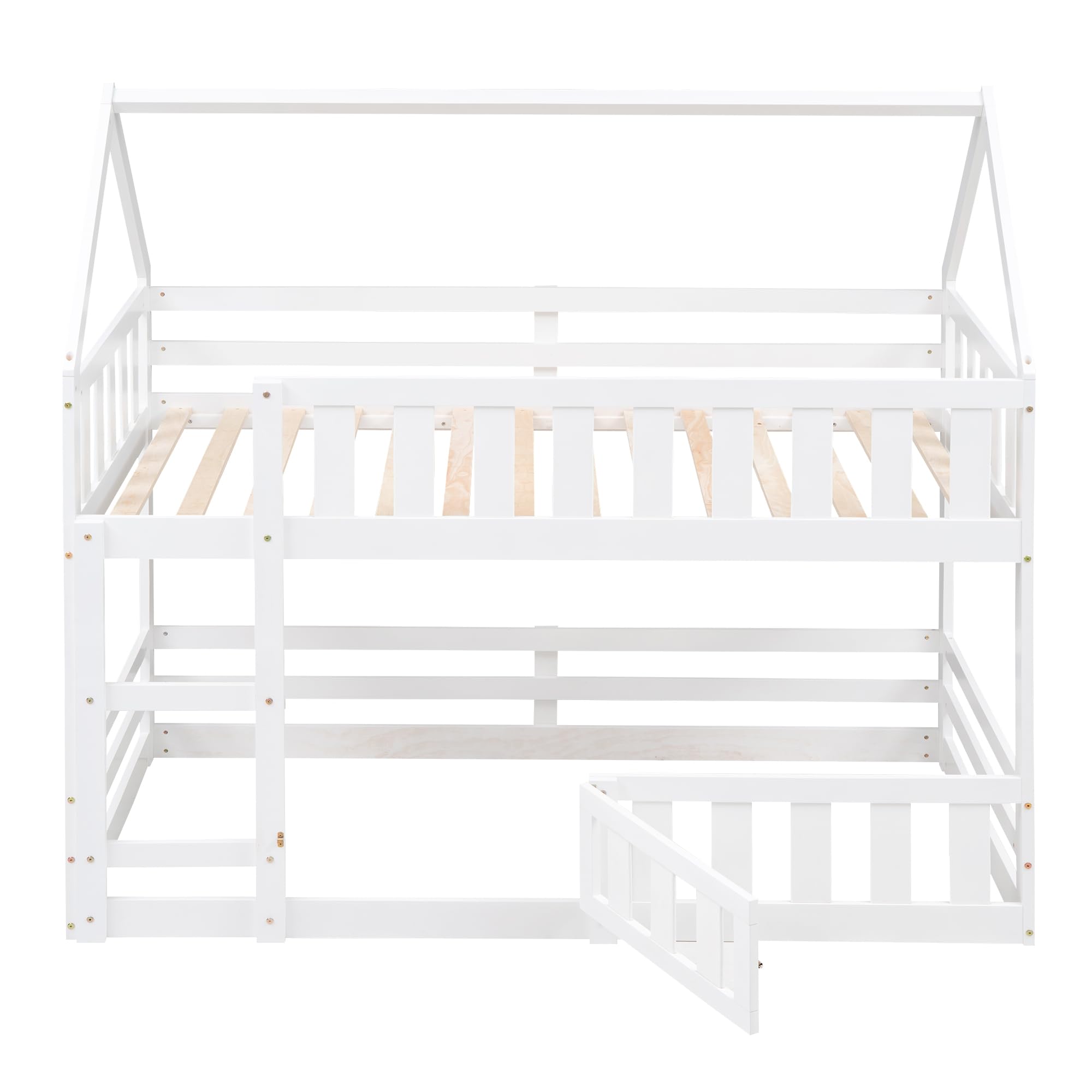 DRELOFT Twin Over Twin Floor Bunk Bed with Roof, Twin Low House Bunk Bed Frame with Ladder, Fence and Door for Kids Teens Boys Girls, Easy Assembly, White