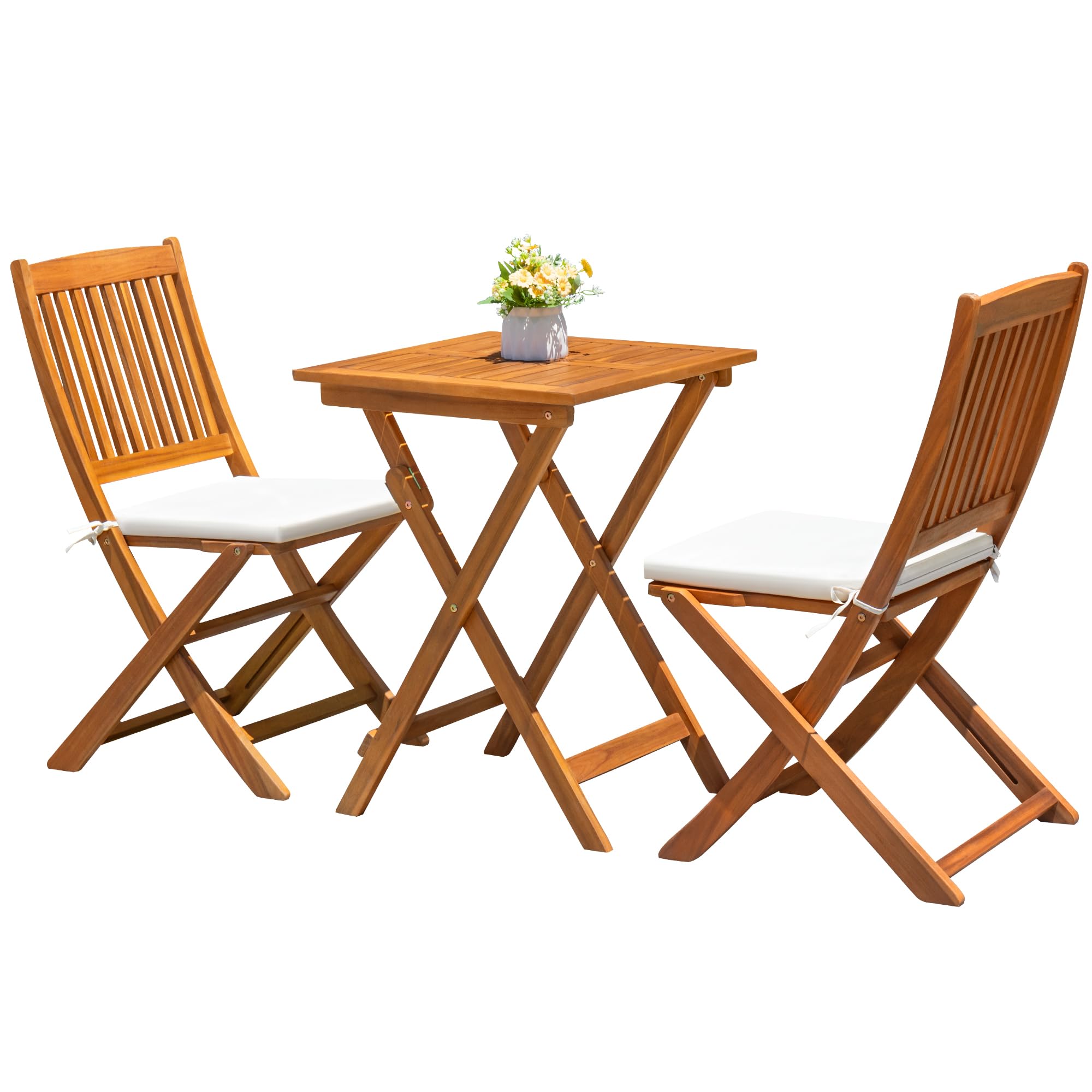 JUMMICO 3 Piece Folding Patio Chairs Outdoor Acacia Wood Bistro Set with Cushion Square Table and Chairs Porch Furniture for Balcony, Lawn, Deck