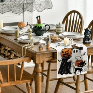 Artoid Mode Ghost Spooky Jack-O'-Lantern Pumpkin Halloween Table Runner, Black Cat Kitchen Dining Table Decoration for Home Party Decor 13x72 Inch