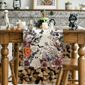 Artoid Mode Jack-O'-Lantern Pumpkin Floral Ghost Halloween Table Runner, Eucalyptus Kitchen Dining Table Decoration for Home Party Decor 13x72 Inch