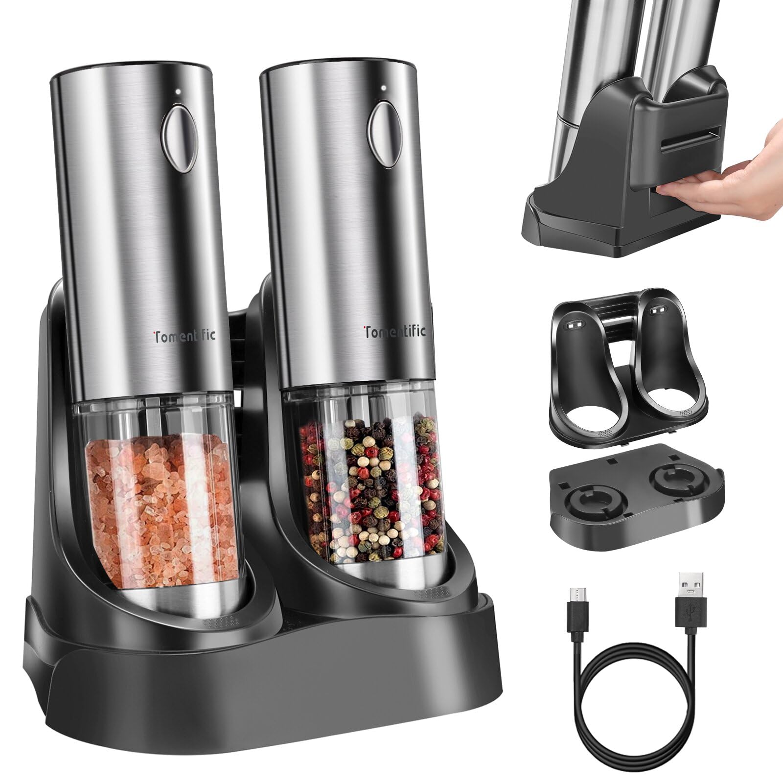 [Upgraded Larger Capacity]Electric Salt and Pepper Grinder Set Tomentific, Automatic Pepper Mills with Easy-to-Carry Dual Charging Station and Adjustable Coarseness, LED Light, Stainless Steel