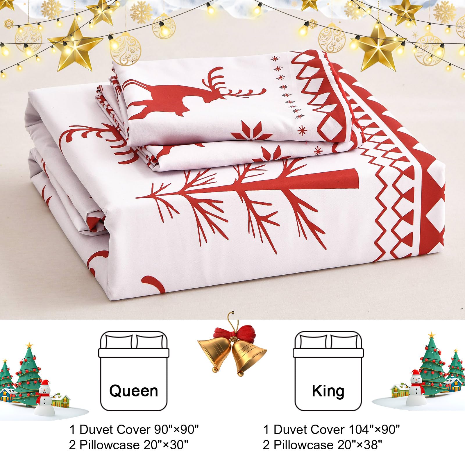 WONGS BEDDING Christmas Duvet Cover Set King Size,3 Pieces Reversible Red Elk Snowflake Pattern Decor Bedding Duvet Cover with Zipper Closure for New Year Holiday, Soft Microfiber Bedding Set 104"x90"