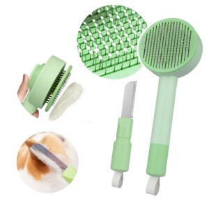 goocare 2-in-1 cat brush for shedding, with detangler comb, self cleaning cat comb hair brush for indoor cats, dog deshedding brush grooming kit, pet supplies hair remover tool (green)