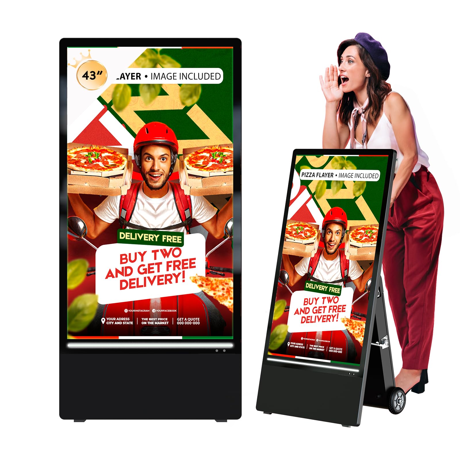 QIXZOCV 43 Inch Rechargeable Outdoor Digital Signage Displays Kiosk, Portable Battery Powered Advertising Display Poster, Movable Waterproof High Brightness LCD Screen Totem, Android OS