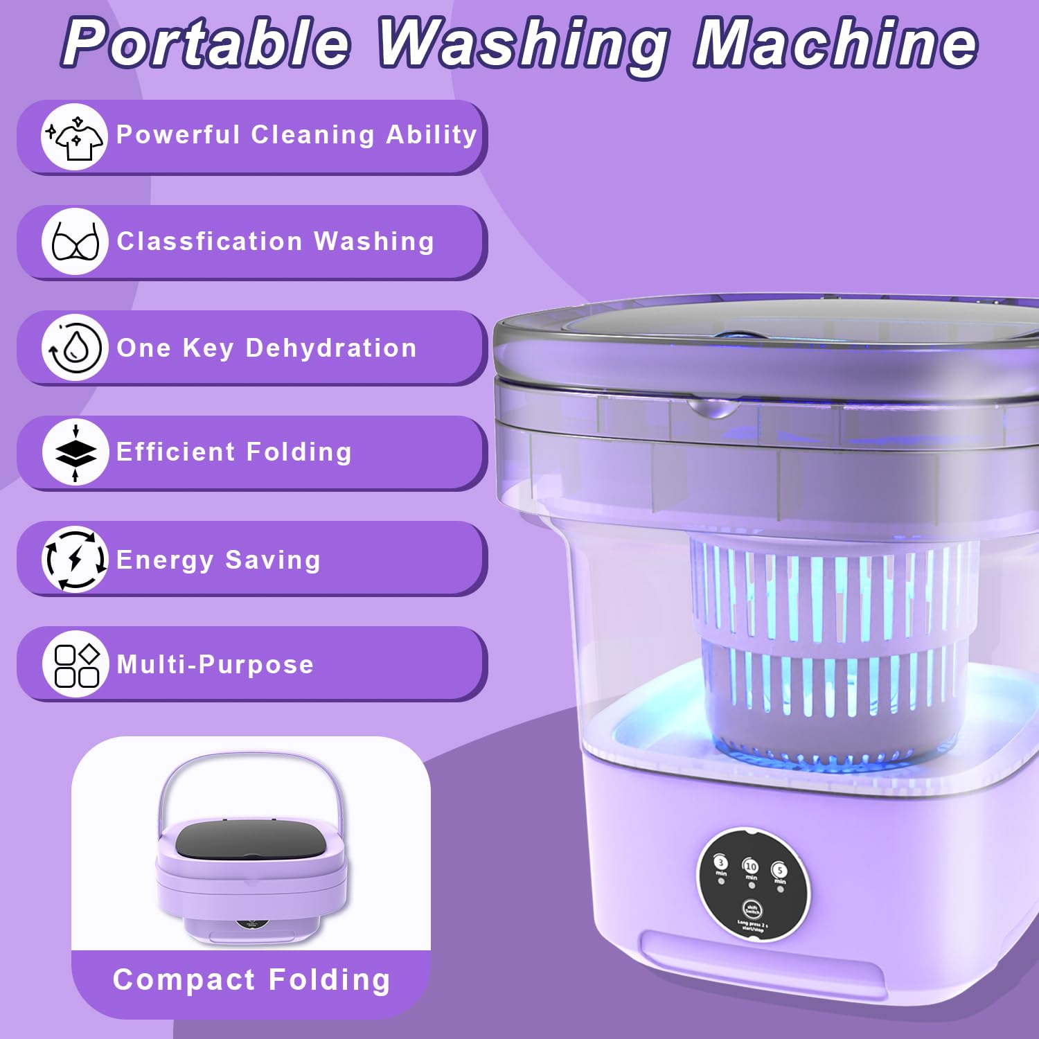 Portable Washing Machine, 14L Upgraded Mini Foldable Washer with Drain Basket Washer, 2 in 1 Intelligent Laundry Machine for Baby Clothes, Underwear, Apartment, Camping, Travel （Purple）