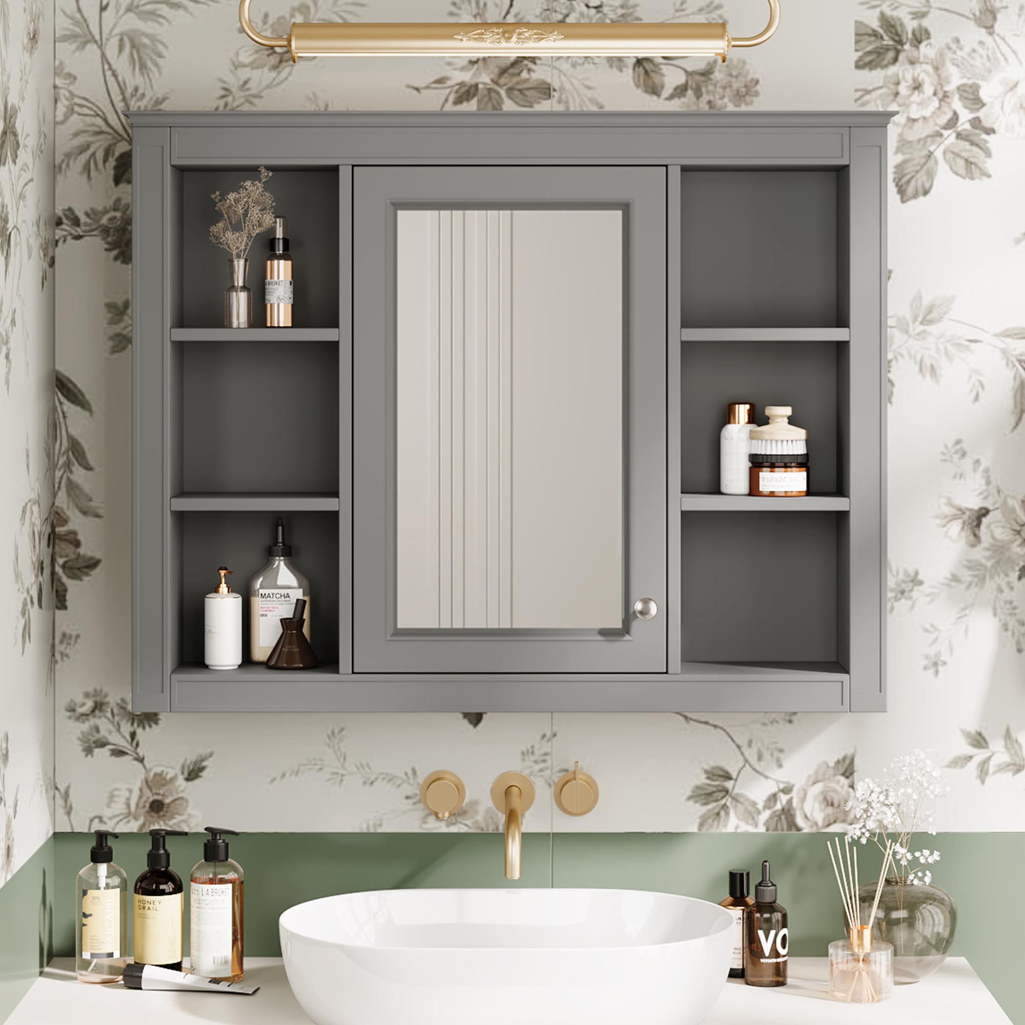 Virubi Wall Mounted Medicine Cabinet, Bathroom Storage Cabinet with Mirror Door and 6 Adjustable Open Shelf (7.3" D x 35" W x 27.5" H) (Grey)