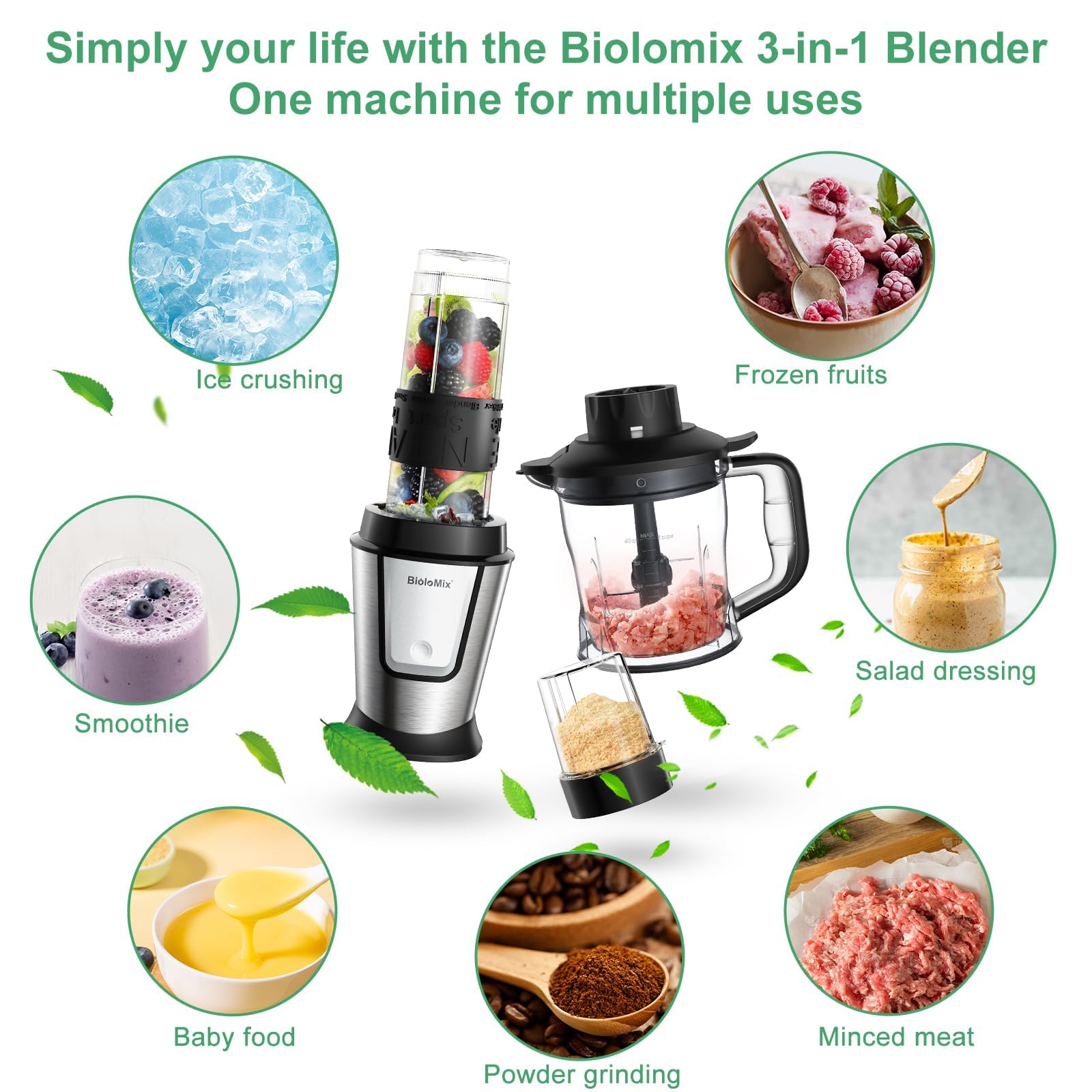 BioloMix Blender and Food Processor Combo, 700W Portable Juicer,Personal Blender,Meat Grinder,Food Processor and Blender,Coffee Spice Grinder, Meat Chopper,Smoothies, Fruits Mixer