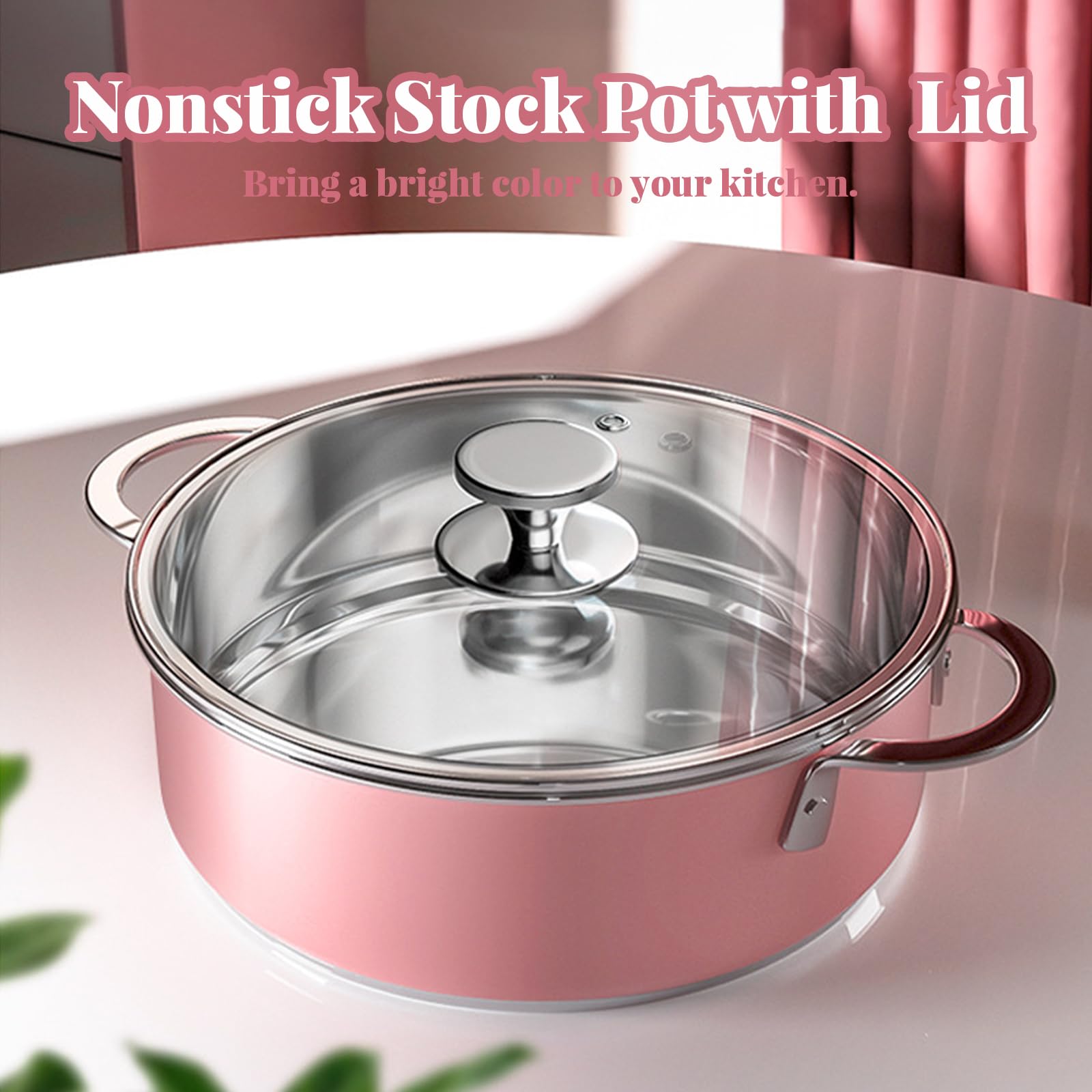 Tauvirboff Cooking Pot with Lid, 7 Quart Non Stick Pink Stainless Steel Pot with Glass Lid, Large Capacity Nonstick Stock Pot Dual Handle Soup Pot Pasta Pot Suitable for All Stoves, PFOA Free (Pink)