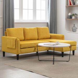 OUYESSIR L Shaped Sleeper Convertible Sofa with Pull Out Bed, Velvet Modern 3 Seater Sofa Couch with Storage Chaise Lounge, Upholstered Furniture for Living Room Bedroom Apartment, Yellow