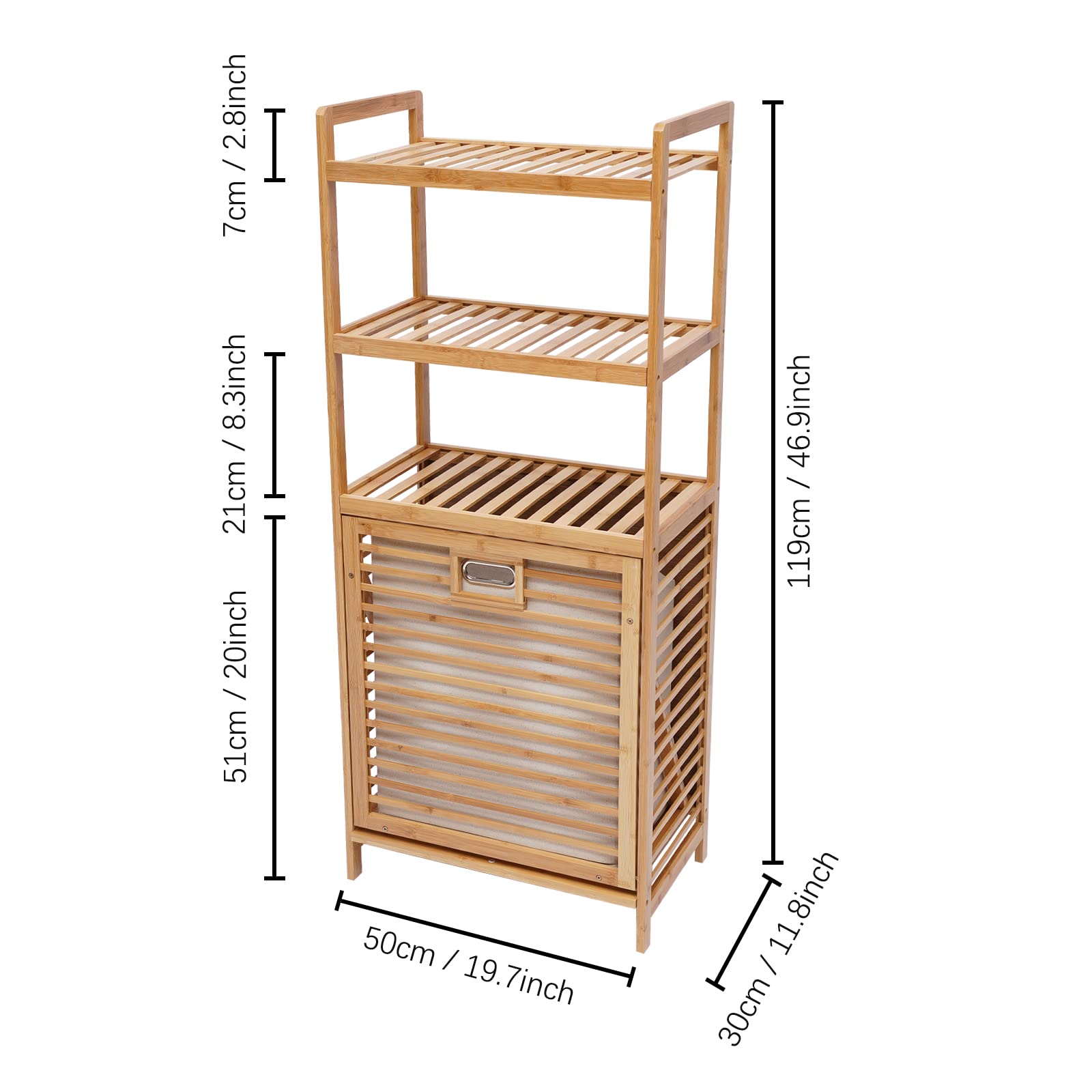 4-Tier Laundry Hamper with Shelf, Tilt Out Laundry Hamper and 3-Tier Storage Shelves 46.9" Bamboo Pull-Out Laundry Hamper with 3 Tier Shelves & Tilt Out Basket for Laundry Room, Bathroom, Bedroom