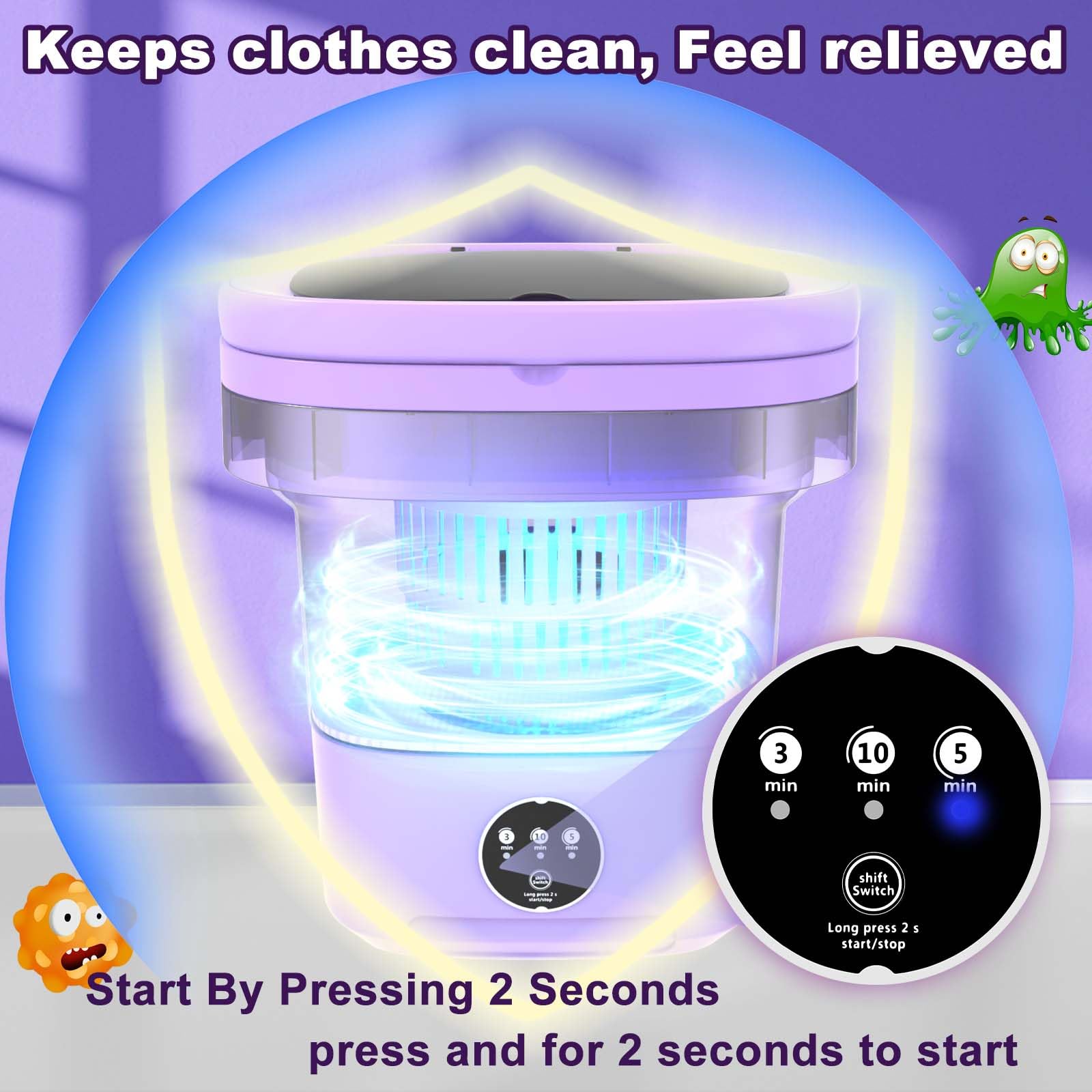 Portable Washing Machine, 14L Upgraded Mini Foldable Washer with Drain Basket Washer, 2 in 1 Intelligent Laundry Machine for Baby Clothes, Underwear, Apartment, Camping, Travel （Purple）