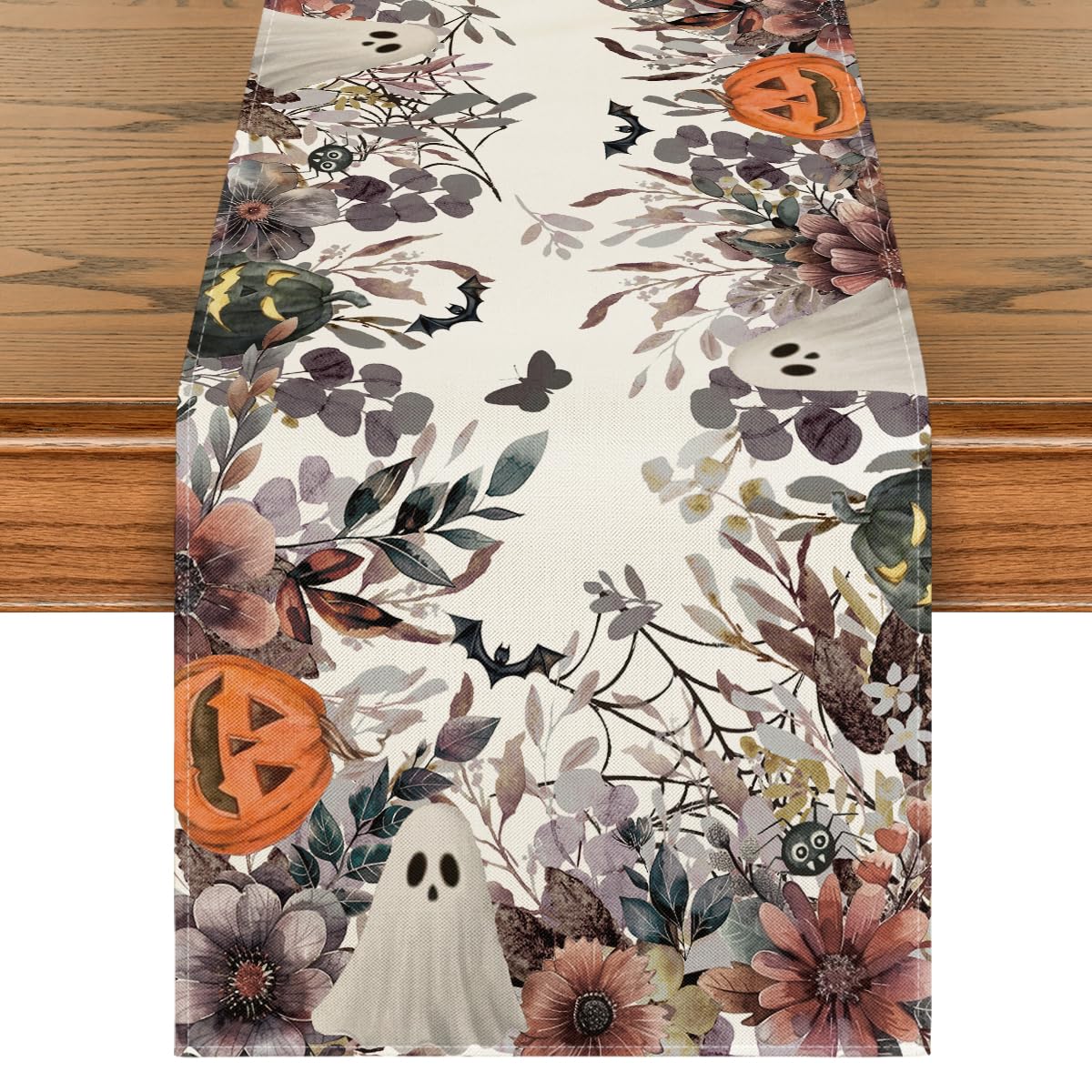 Artoid Mode Jack-O'-Lantern Pumpkin Floral Ghost Halloween Table Runner, Eucalyptus Kitchen Dining Table Decoration for Home Party Decor 13x72 Inch