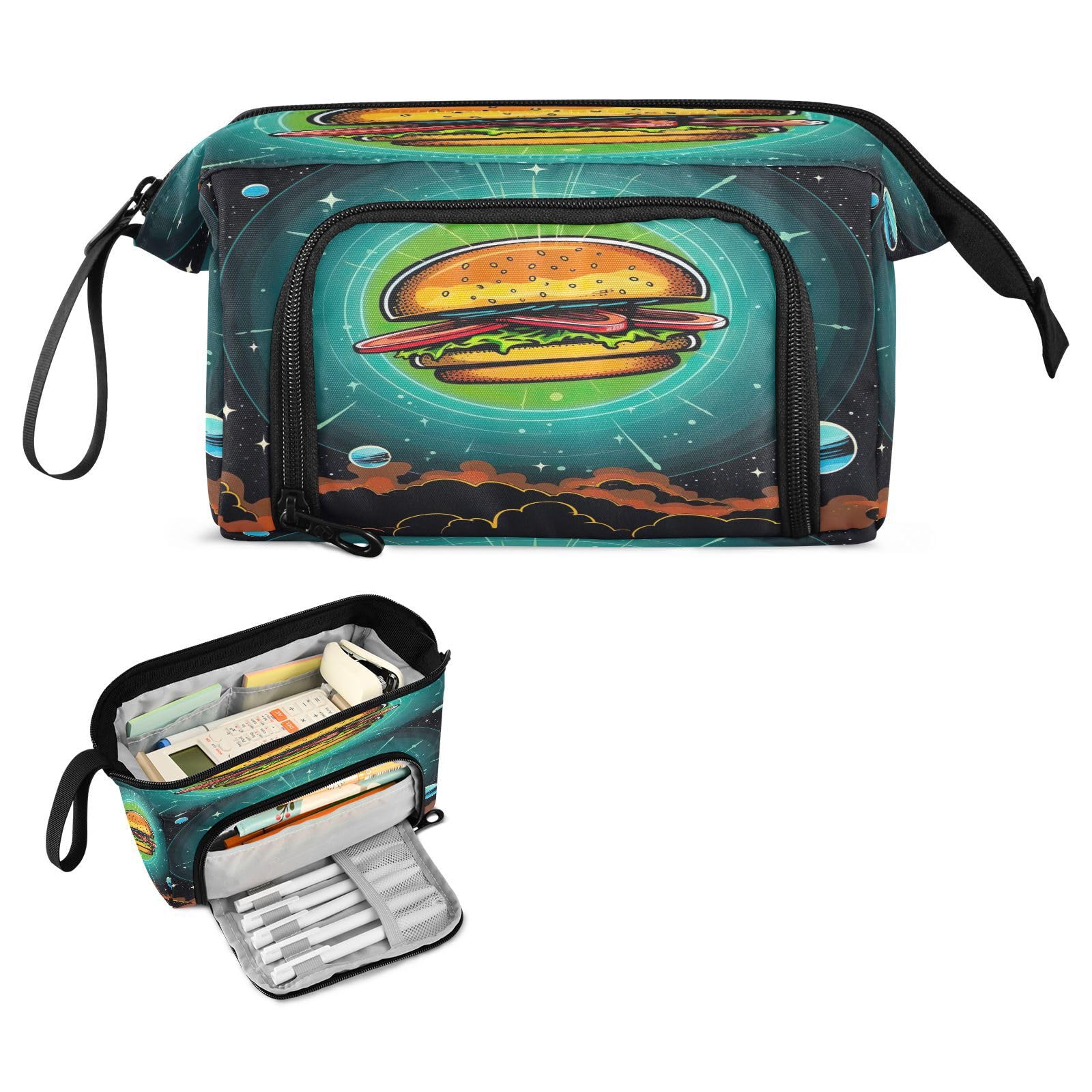 Emelivor Cartoon Hamburger Planet Pencil Case Large Capacity Pencil Pouch Bag with Compartmens Pen Bag Case with Zipper Stationery Bag Pencil Organizer for School Office Adults College Teens