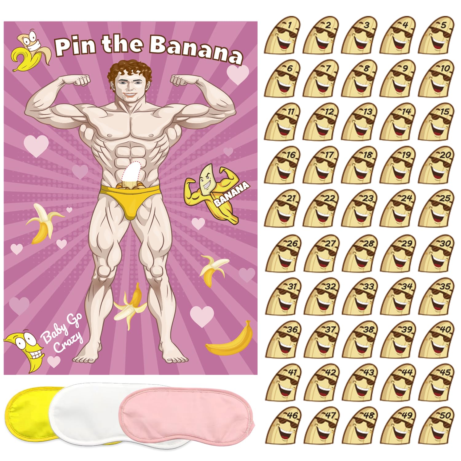 QINGRUIGO Bridal Shower Games Pin The Banana on The Hunk,Wedding Engagement Girls Night Pin The Ring Game 50 Stickers Includes Large Poster Single Girl Party Night Games