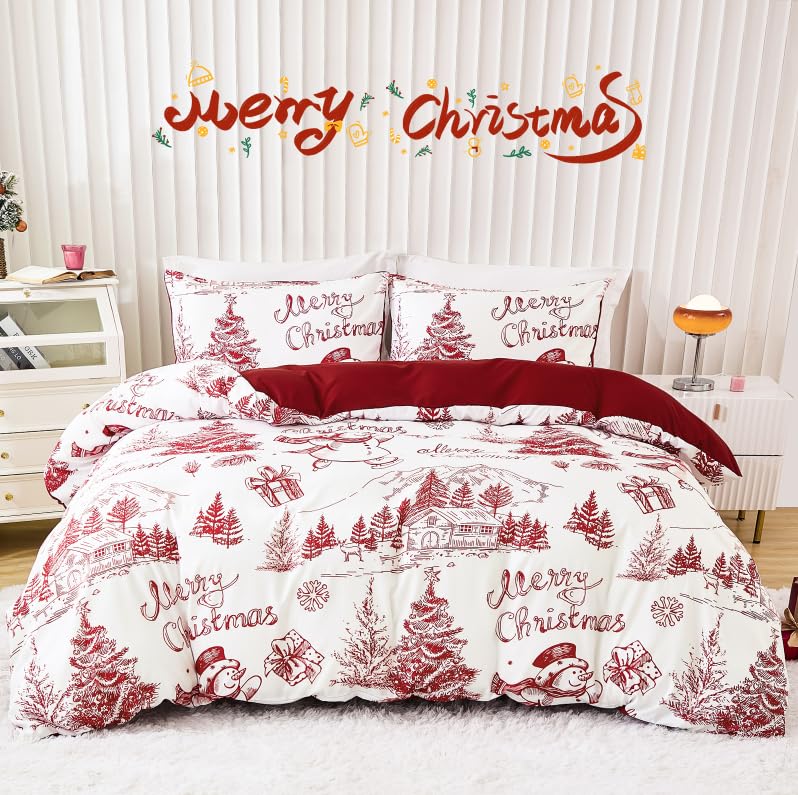 Drucon Christmas Duvet Cover Set Queen Size 3 Pieces Soft Microfiber Breathable Bedding Set Red Christmas Snowman Pattern Duvet Cover with 2 Pillowcases