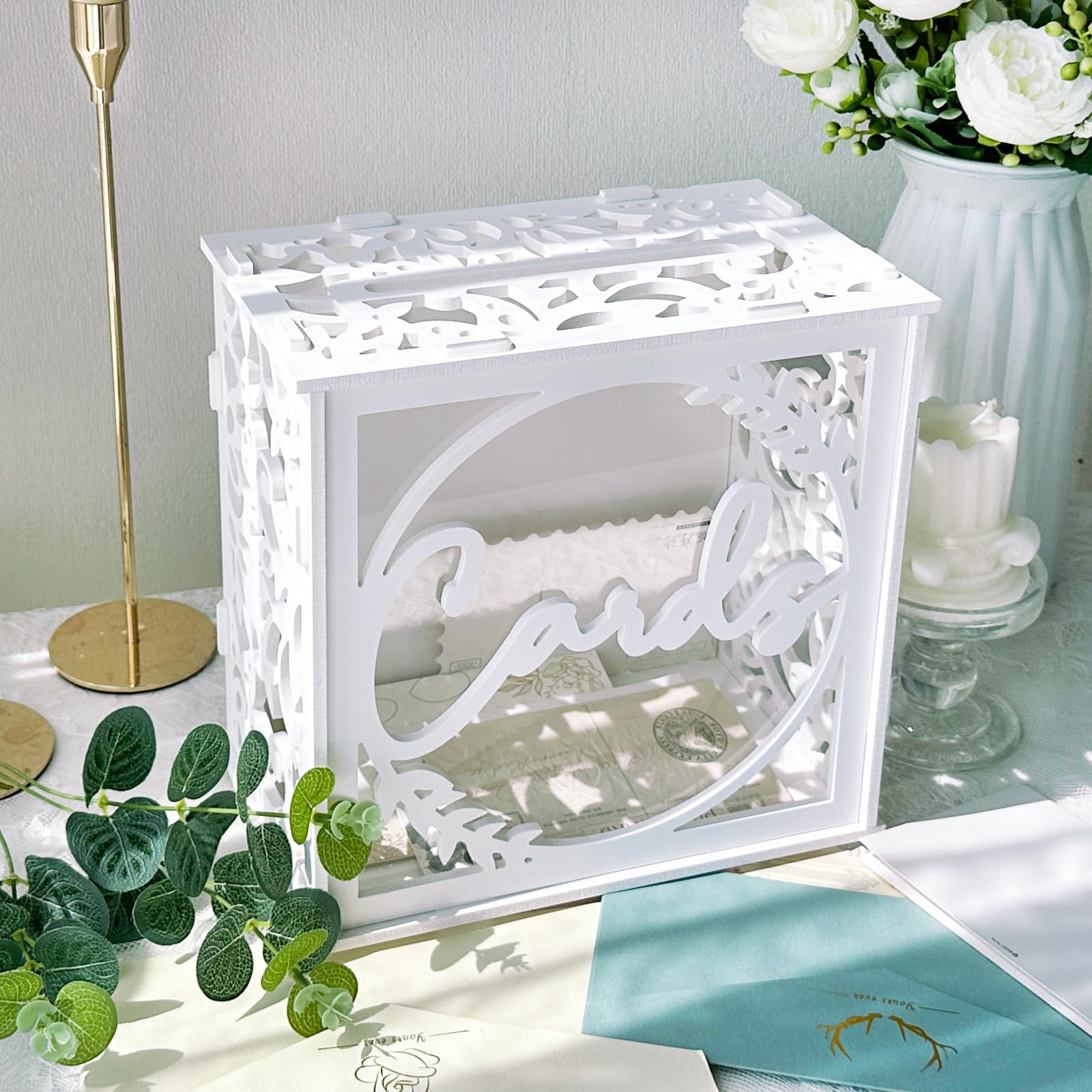 OurWarm White Wedding Card Box for Receptions, PVC Gift Card Box for Wedding with Acrylic Windows, Rustic Envelop Money Gift Box for Anniversary Bridal Baby Showers Graduation Birthday Party