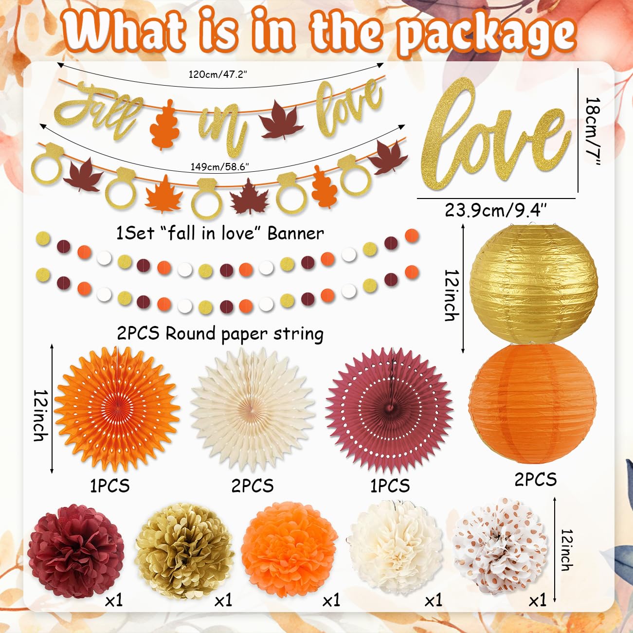 Fall Bridal Shower Decorations, Fall In Love Banner Set Autumn Wine Burgundy Champagne Orange Tissue Pom Poms, Paper Flower, Paper Lanterns for Fall Theme Wedding Engagement Decorations