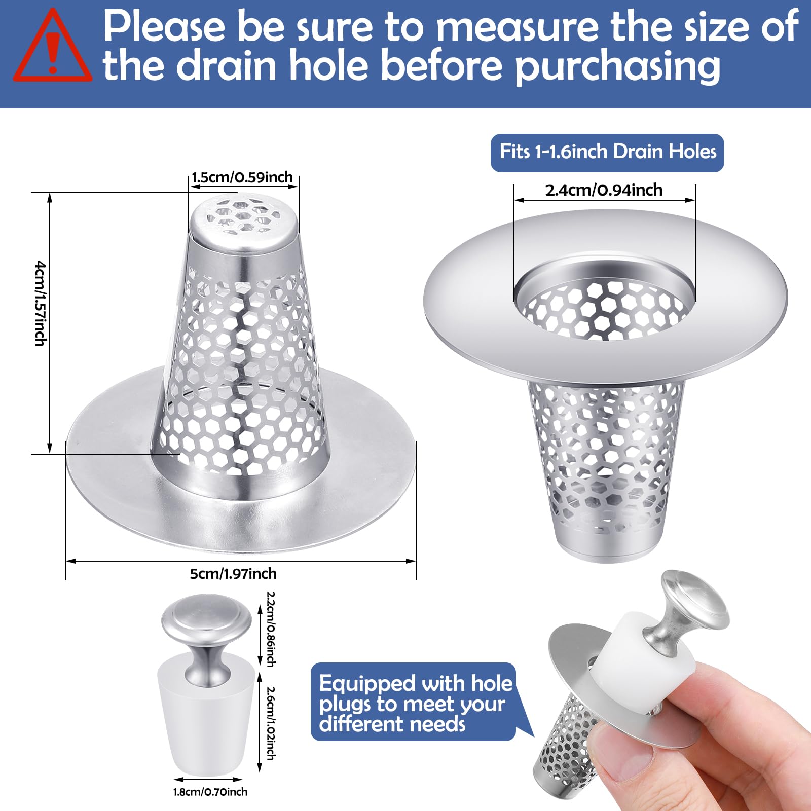 ProSuites 2PCS Bathroom Sink Drain Strainers fit Hole Size 1.2"-1.6" Stainless Steel Bathtub Hair Catcher Cone Shaped Water Drain with 2PCS Strainers Cover