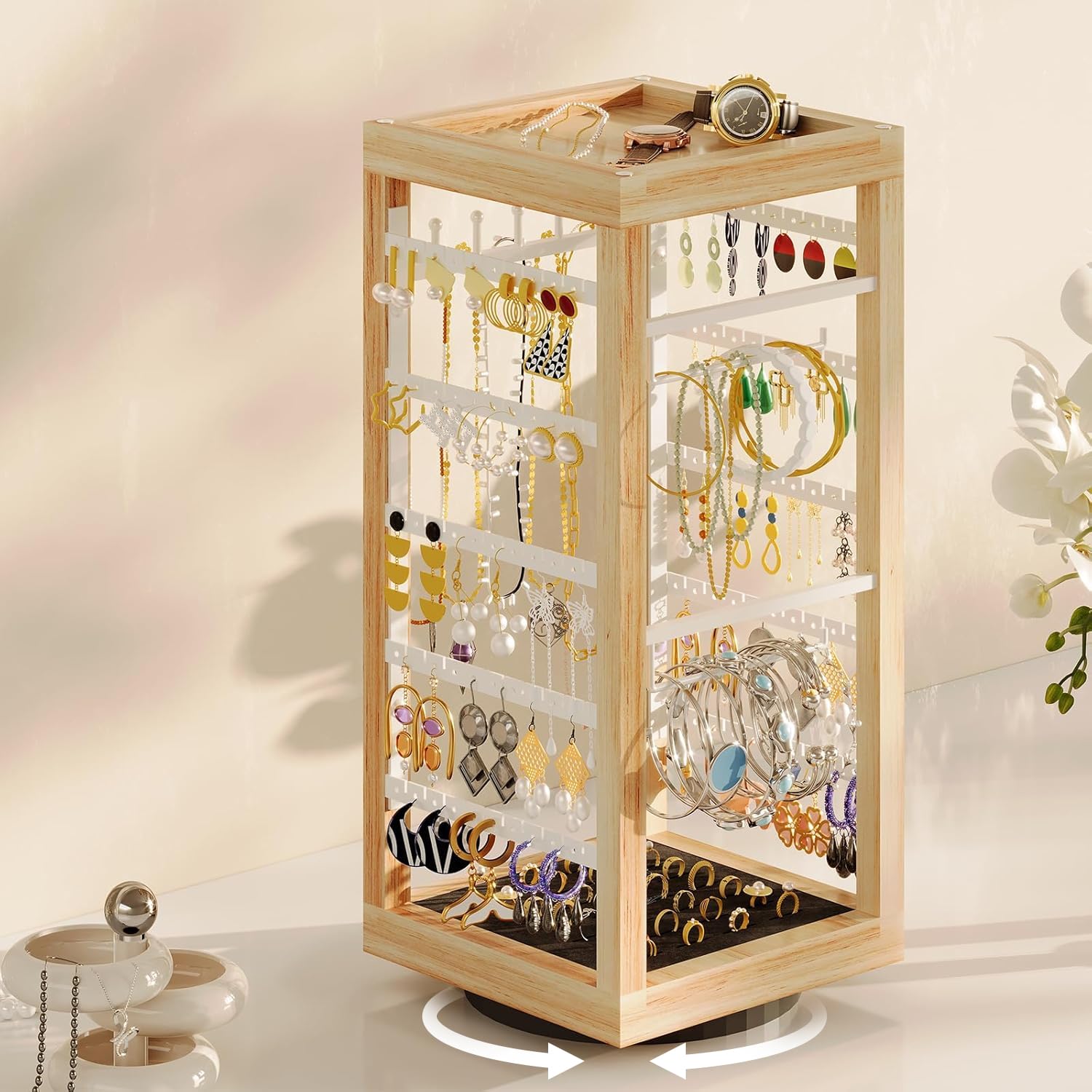 X-cosrack 360° Rotating Earring Holder and Jewelry Organizer Stand, 7 Tiers Earring Display with Ring Tray, 210 Holes for Stud Earring Organizer, Jewelry Holder Rack for Necklace Bracelets Ring Girls