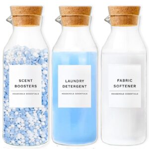 glass laundry detergent dispenser set with cork lids, fabric softener dispenser, easy pour 3 pack laundry bottles, liquid detergent containers, scent booster & bleach dispenser for laundry room