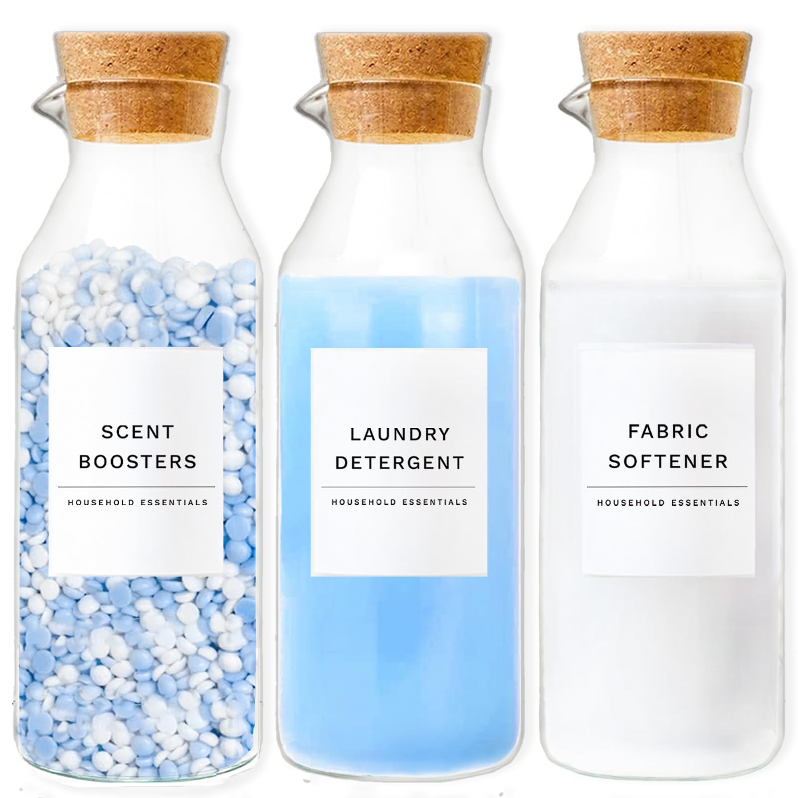 Glass Laundry Detergent Dispenser Set with Cork Lids, Fabric Softener Dispenser, Easy Pour 3 Pack Laundry Bottles, Liquid Detergent Containers, Scent Booster & Bleach Dispenser for Laundry Room