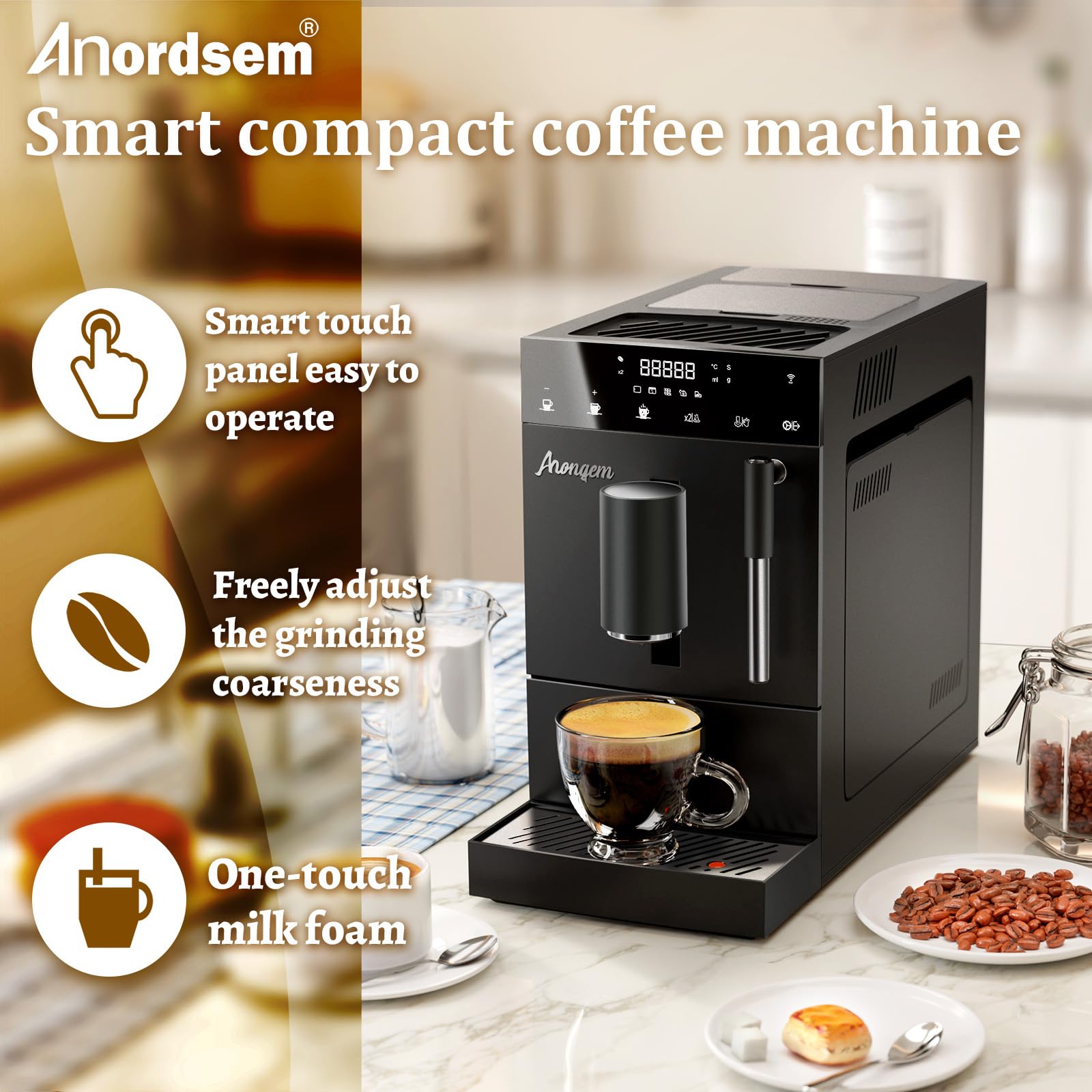 Ahongem Coffee Maker for Cappuccino Brew: Single Serve Espresso Machine Automatic with Built-In Grinder - Classic Milk Frother for Kitchen Office Cafetera